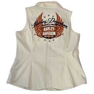 Harley Davidson Cream Color Denim Vest Full Zip Embroidered Rhinestones Large